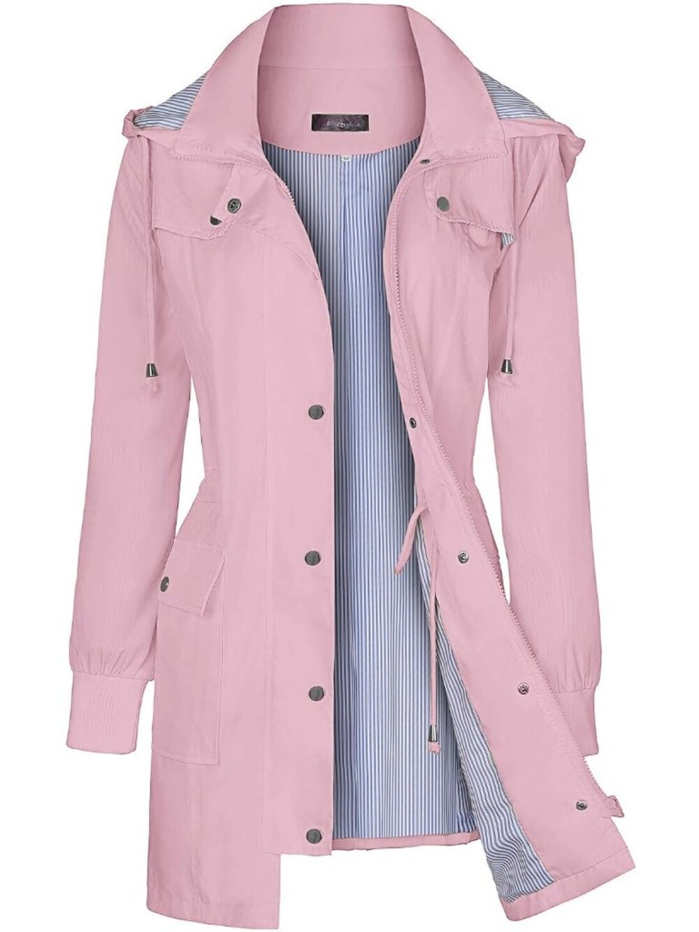 Womens Baby Pink Hooded Waterproof Striped Climbing Windbreaker Trench Rain Coat